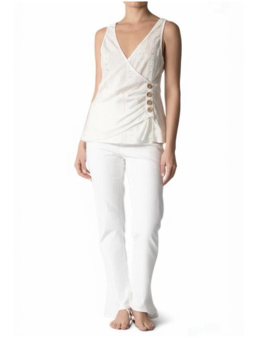 Salanta Womens White Wrap V-Neck Sleeveless Top Size Large Eyelet Chic